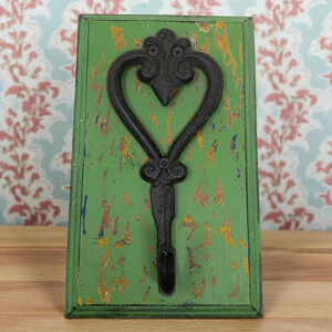 Artisan Made Wall Hook Cast Iron on Wood Coat Purse Hat Rack Farmhouse Cottage